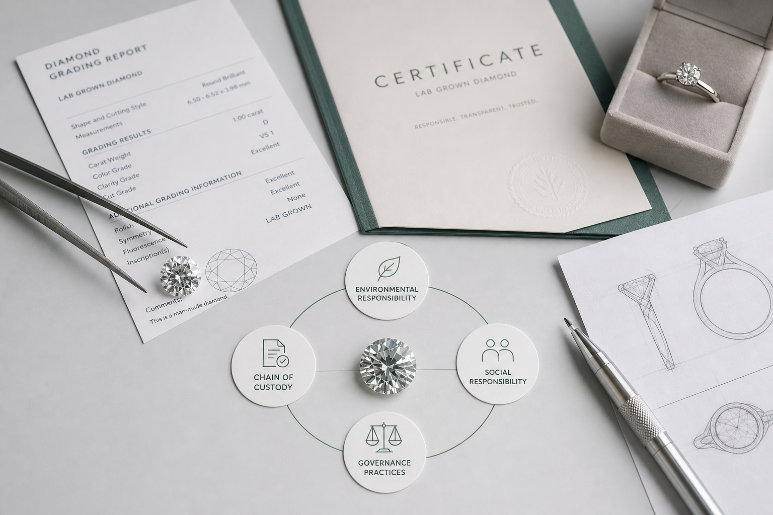 Diagram showing how sustainable diamond certification may evaluate environmental factors, social responsibility, governance practices, and chain-of-custody documentation