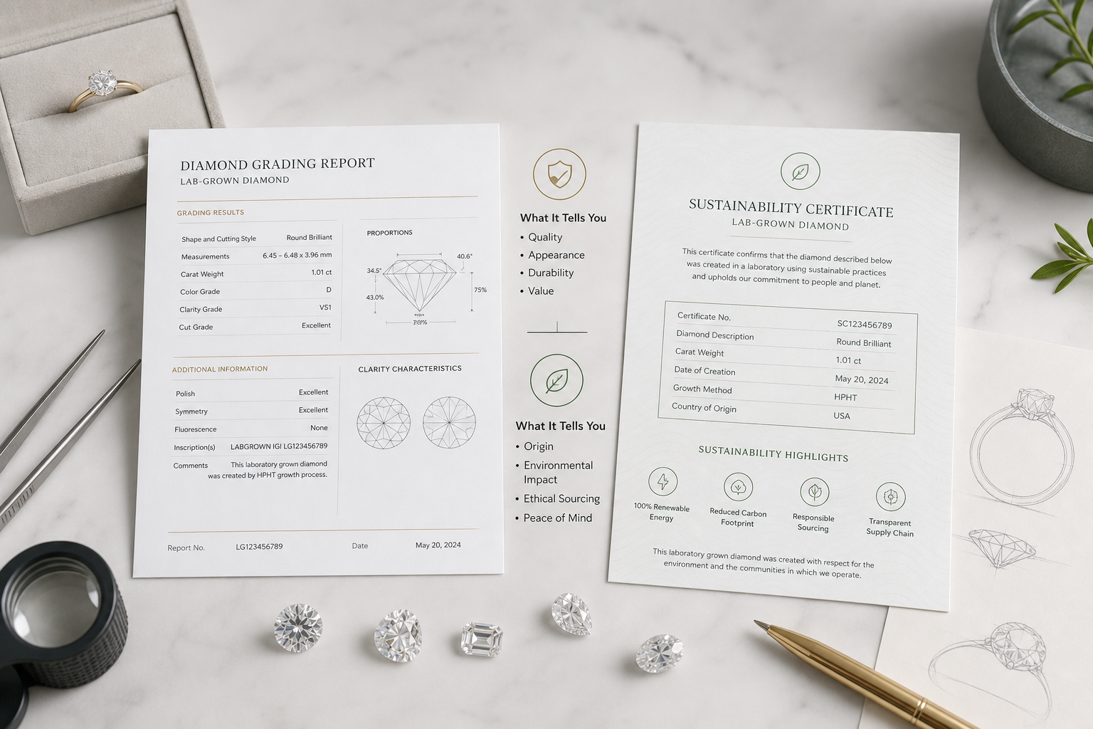 Side-by-side comparison of a diamond grading report and a sustainability certificate, showing which buyer questions each document answers