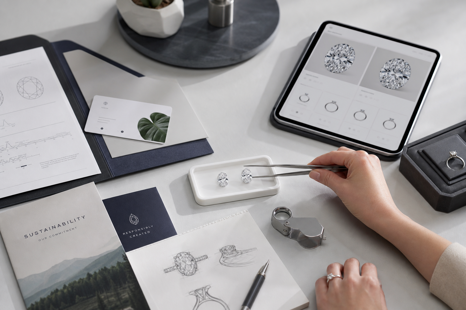 Engagement ring buyer comparing two oval lab-grown diamond listings with gemological reports, sustainability documentation, videos, and setting notes