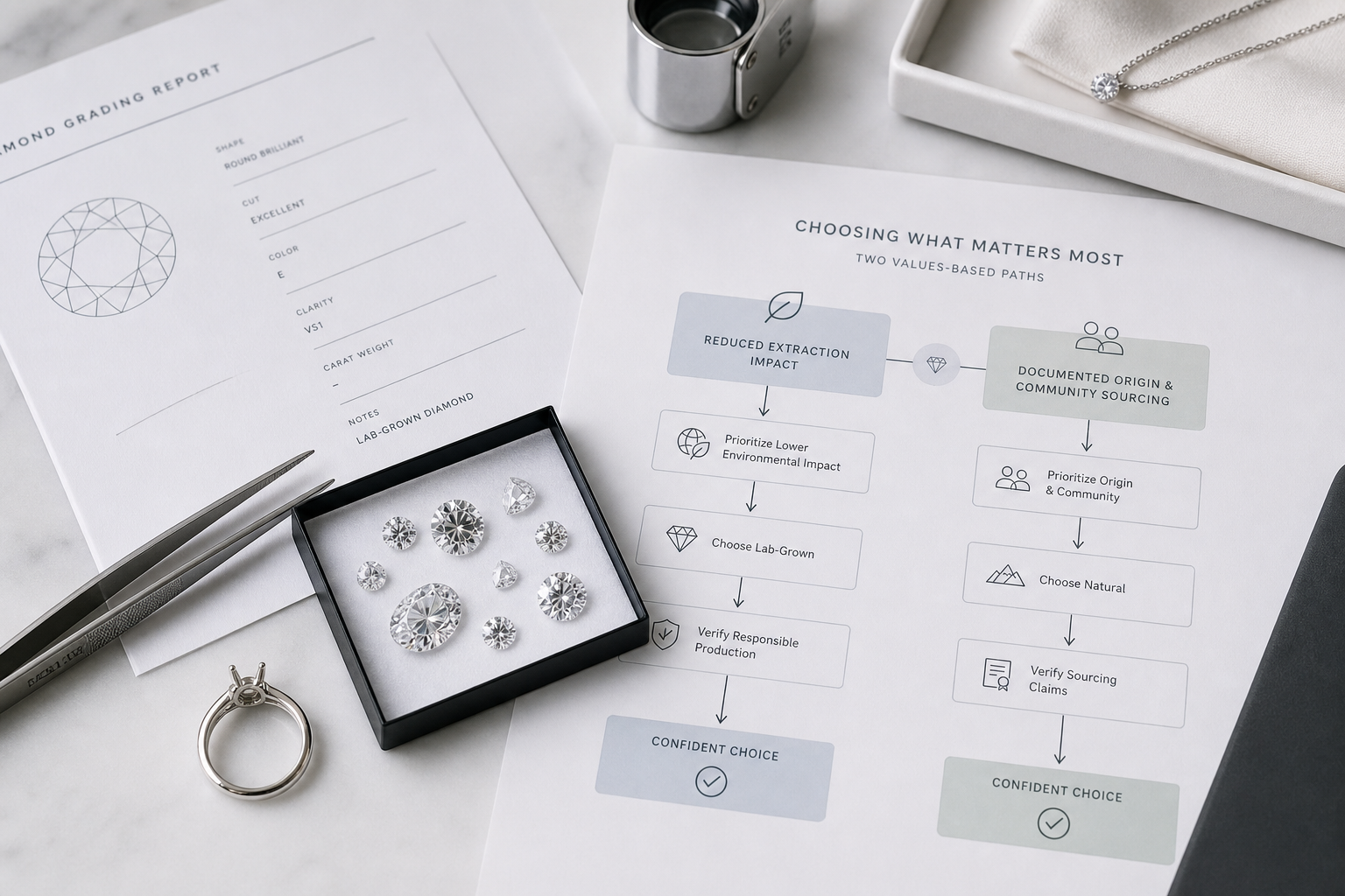 Realistic buyer decision flowchart comparing two values-based paths: prioritizing reduced extraction impact versus prioritizing documented natural origin and community sourcing claims.