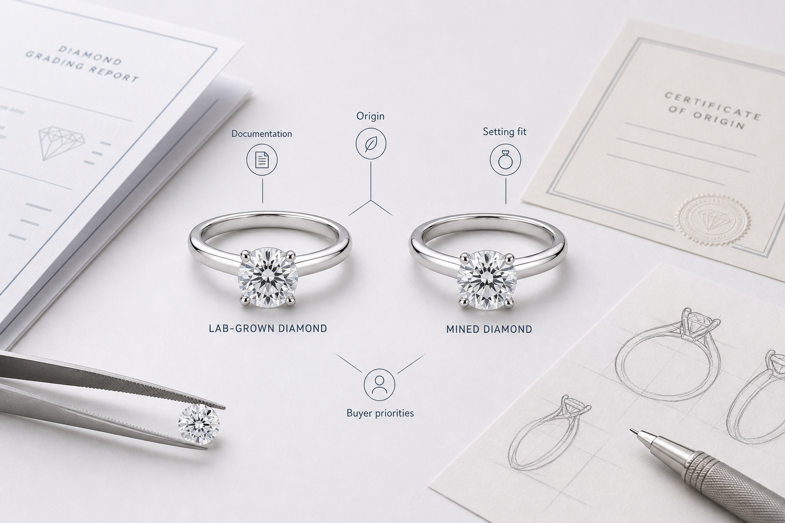 Comparison image showing two engagement ring options with similar visual size: one lab-grown diamond and one mined diamond, with callouts for documentation, origin, setting fit, and buyer priorities.