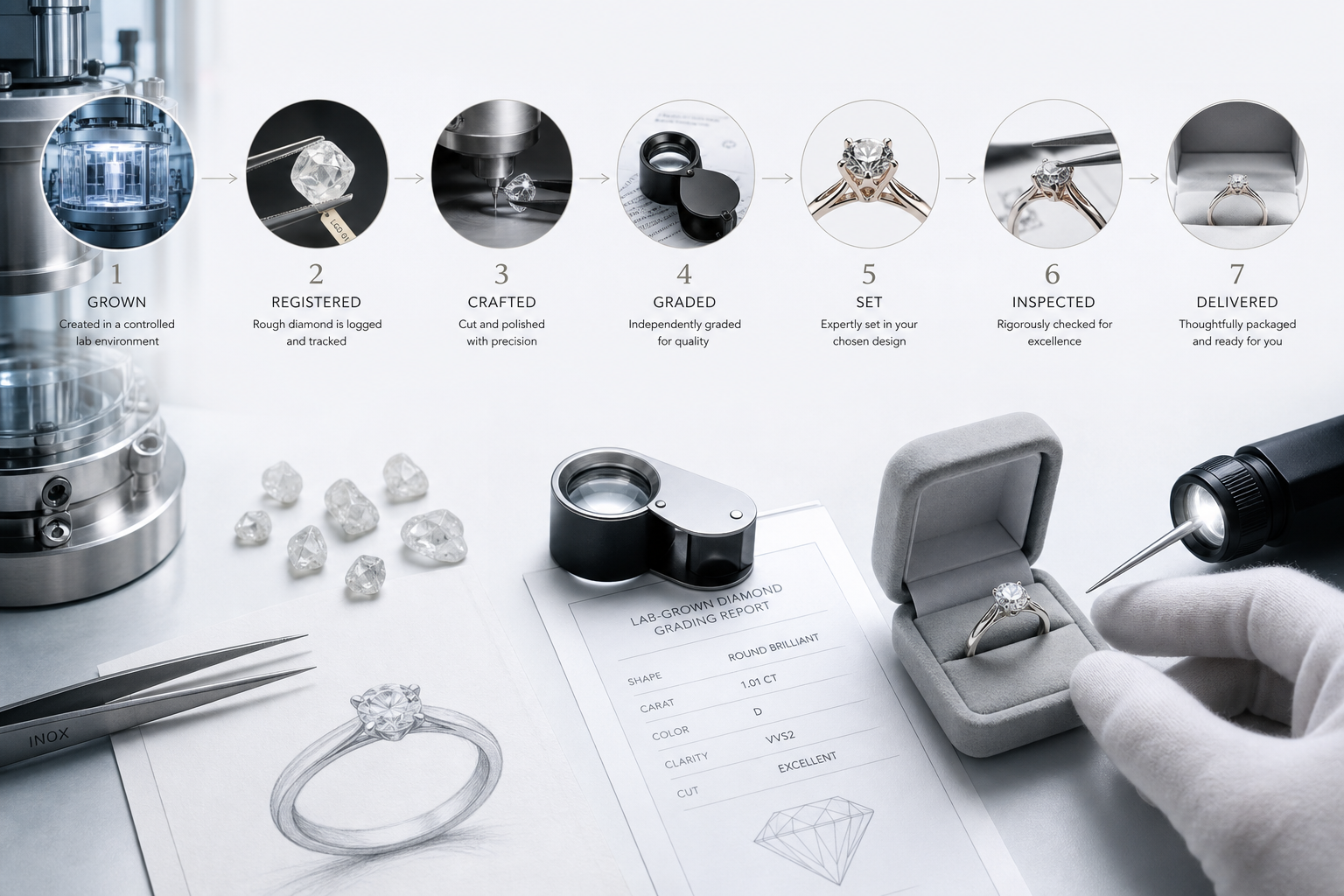 Flow diagram showing the traceability path from lab-grown diamond growth facility to rough diamond tracking, cutting, grading, jewelry setting, quality control, and finished ring delivery