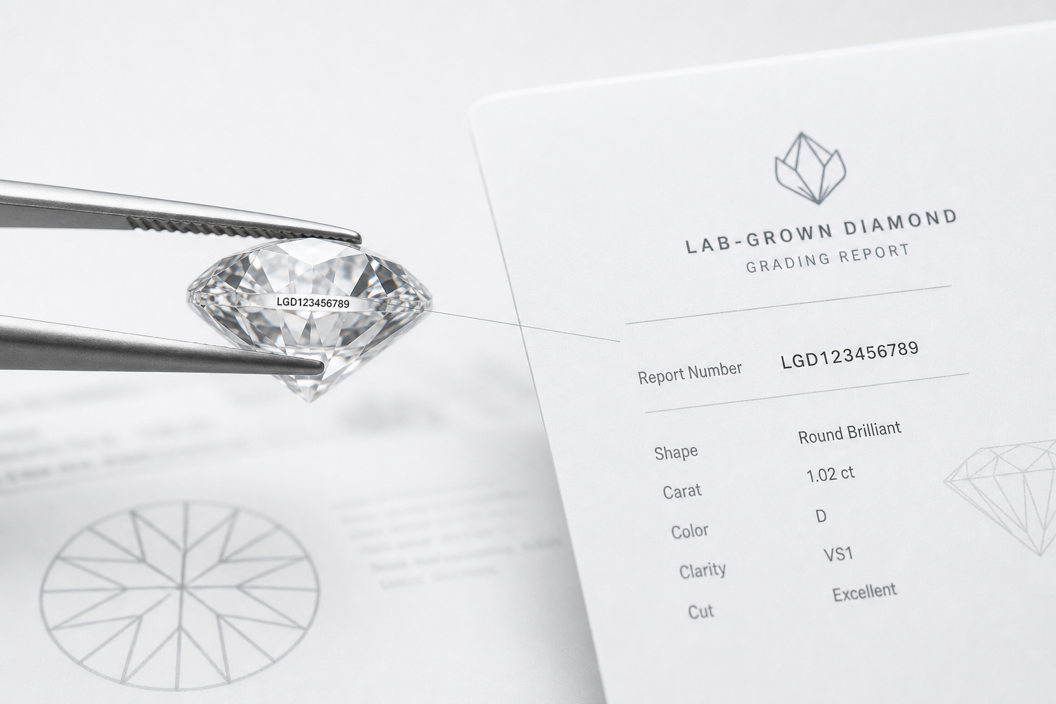 Close-up educational illustration of a lab-grown diamond girdle with a laser inscription connected to a matching grading report number