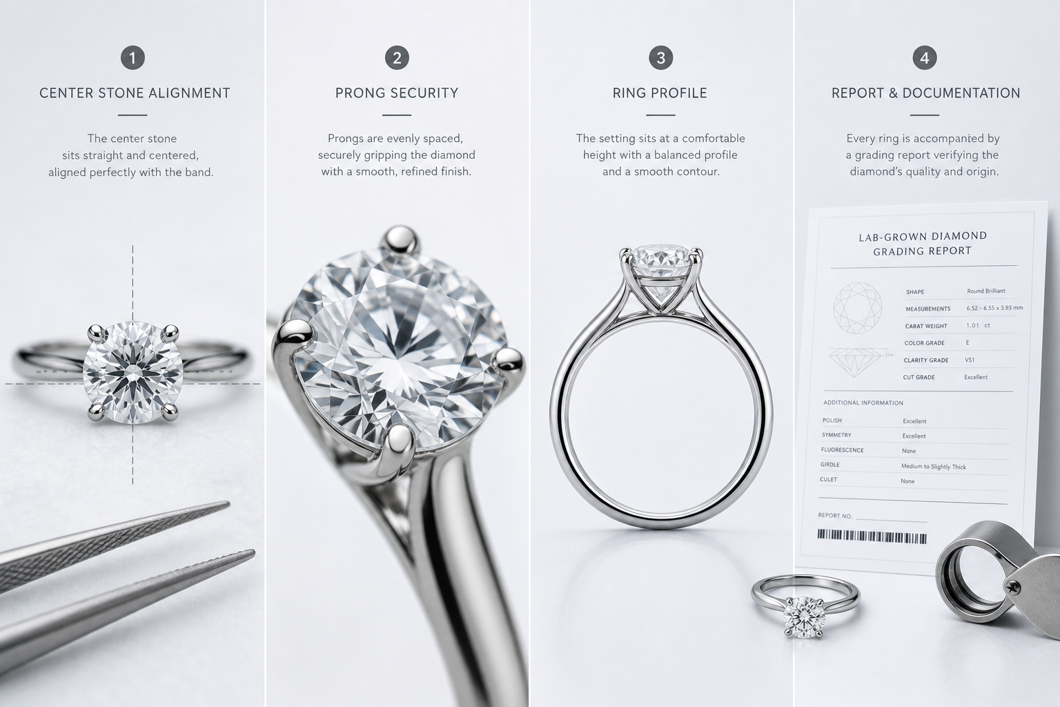Side-by-side visual checklist of a finished lab-grown diamond engagement ring showing center stone alignment, prong security, ring profile, and report number documentation