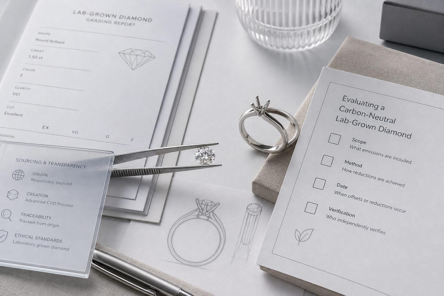 Visual checklist showing how buyers can evaluate a carbon-neutral lab-grown diamond claim by scope, method, date, and verification