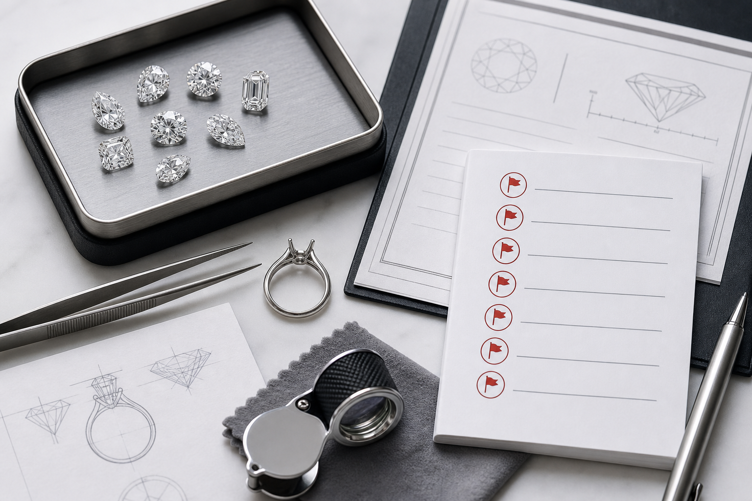 Checklist graphic showing seven red flags buyers should scan for on lab-grown diamond ads, product pages, and brand stories