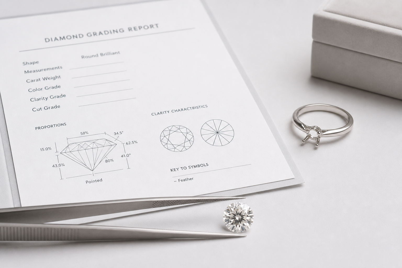 A loose lab-grown diamond beside its grading report and a simple ring setting on a neutral background