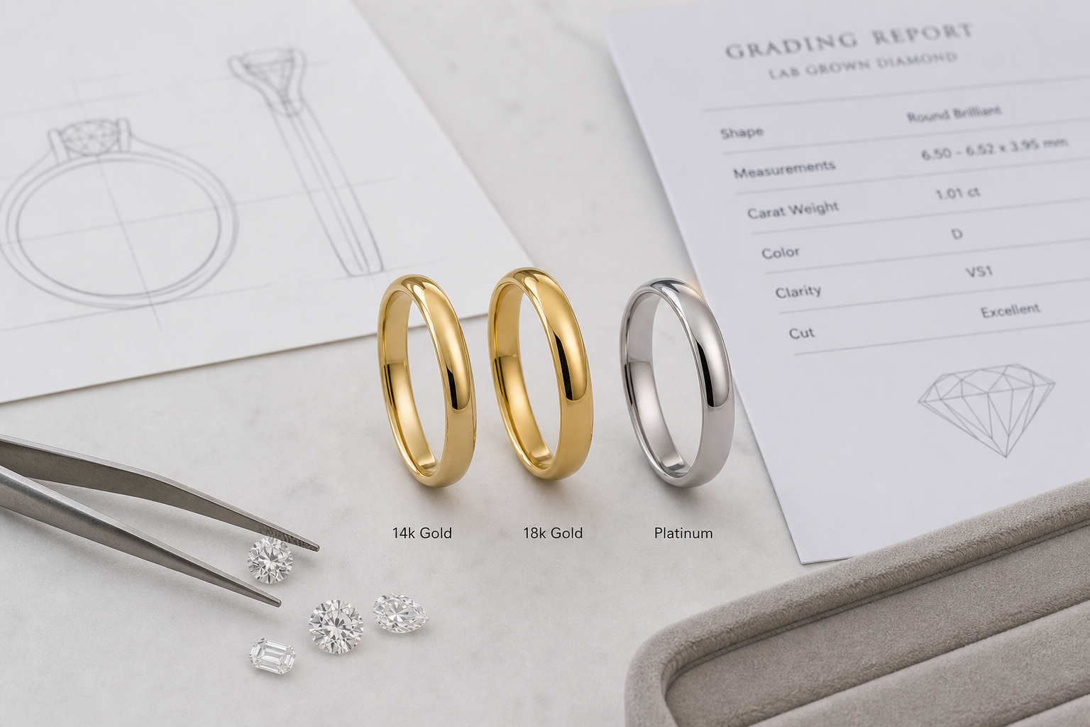 Close-up comparison of 14k gold, 18k gold, and platinum ring bands with finish differences
