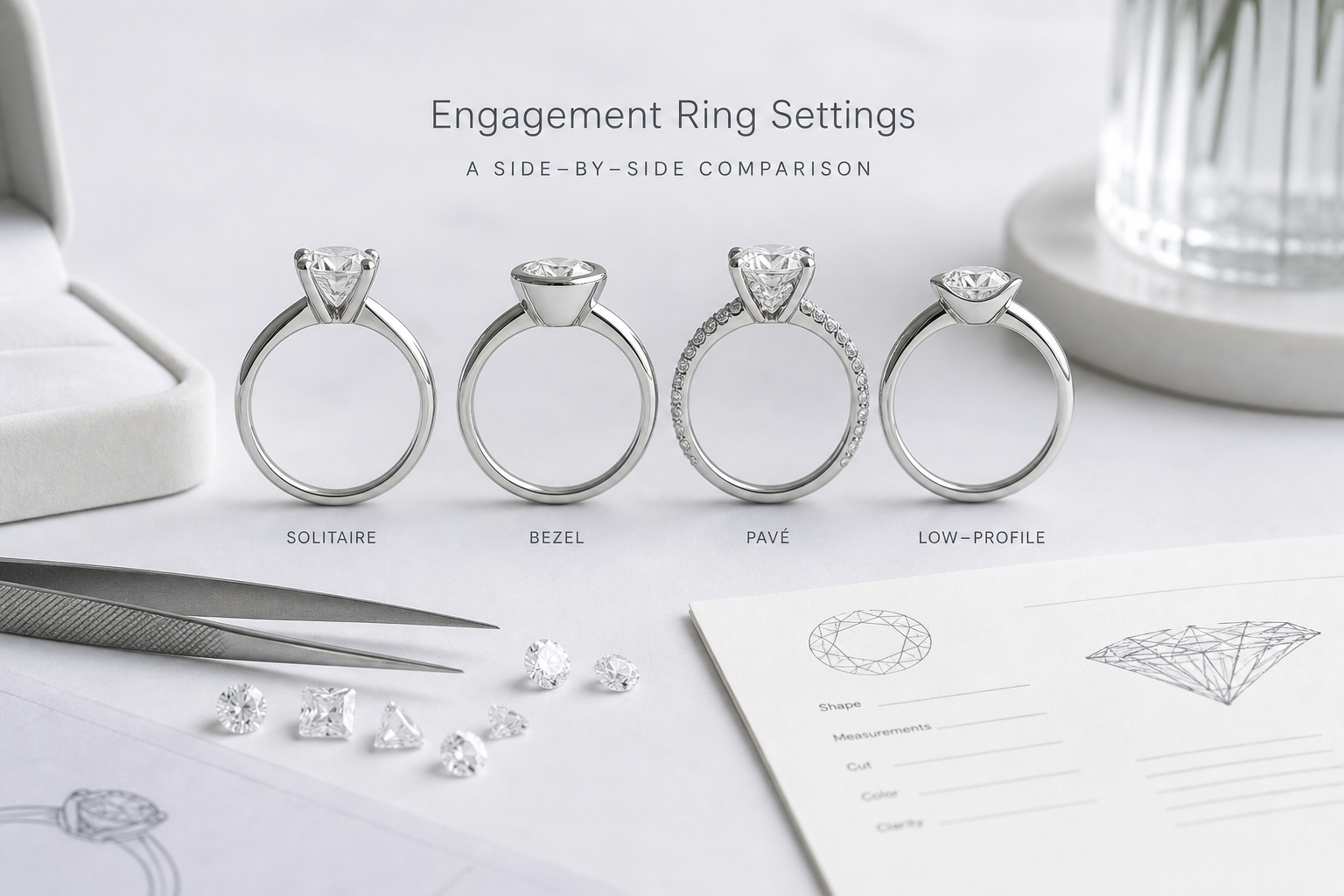 Side-by-side engagement ring settings showing solitaire, bezel, pavé, and low-profile designs from the side view