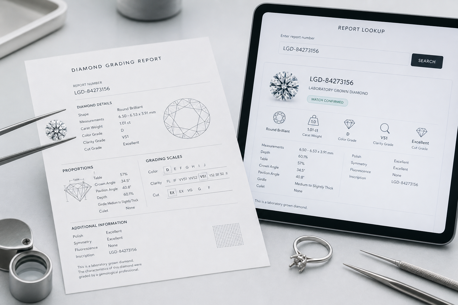 Close-up comparison layout showing a lab-grown diamond certificate number, official online report lookup result, and matching diamond specifications