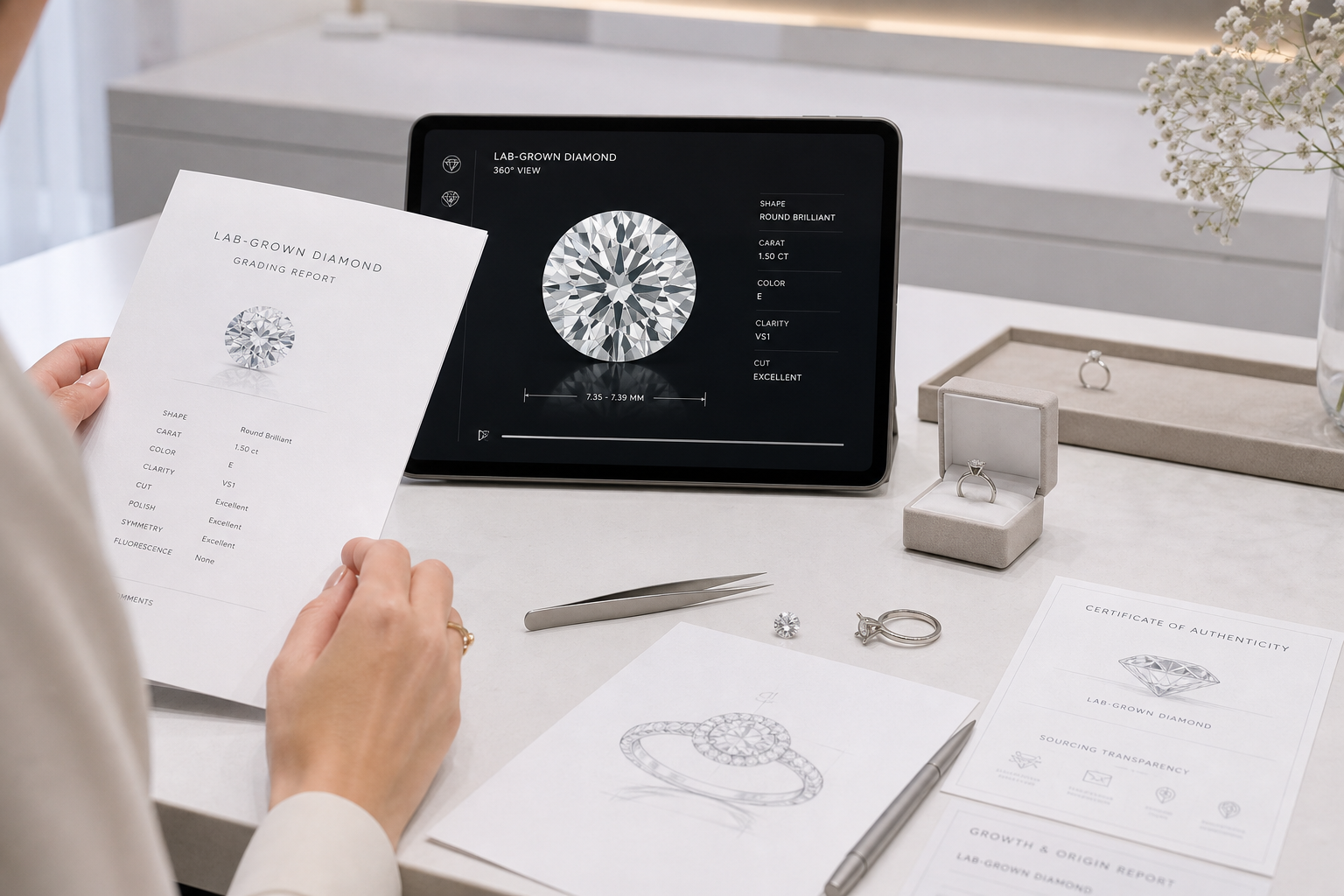 Buyer reviewing a lab-grown diamond certificate next to a 360-degree diamond video with measurements and report number visible