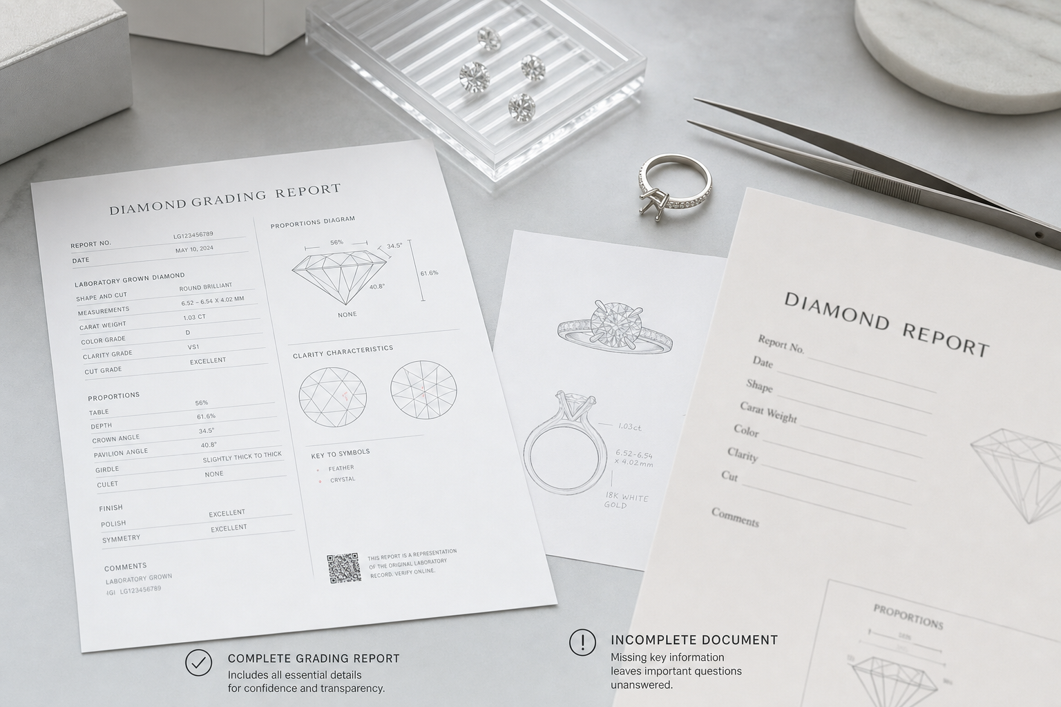 Side-by-side example of a clear diamond grading report versus an unclear cropped certificate image with missing report details