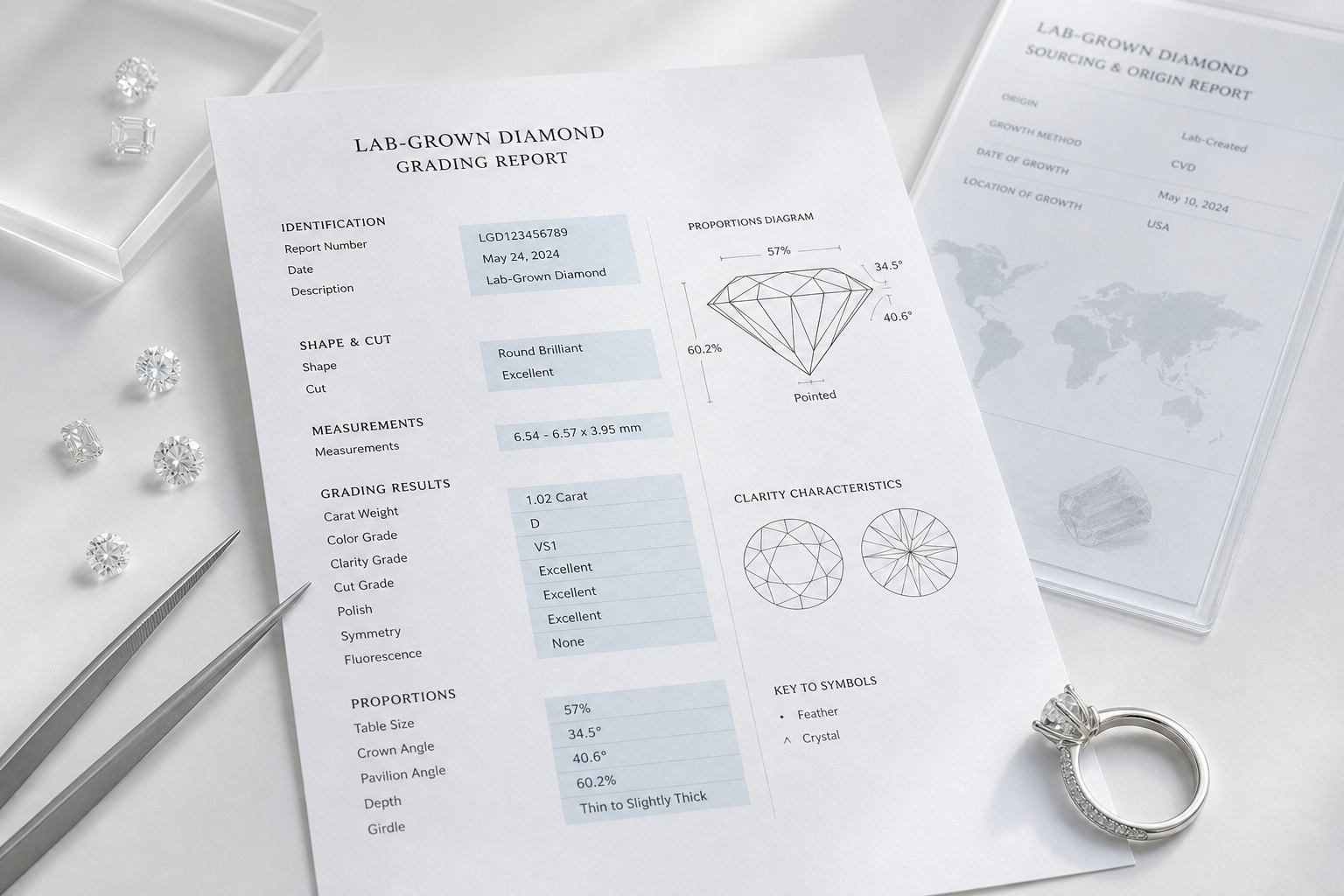 Close-up of a lab-grown diamond grading report with key fields highlighted for identity, measurements, and grades