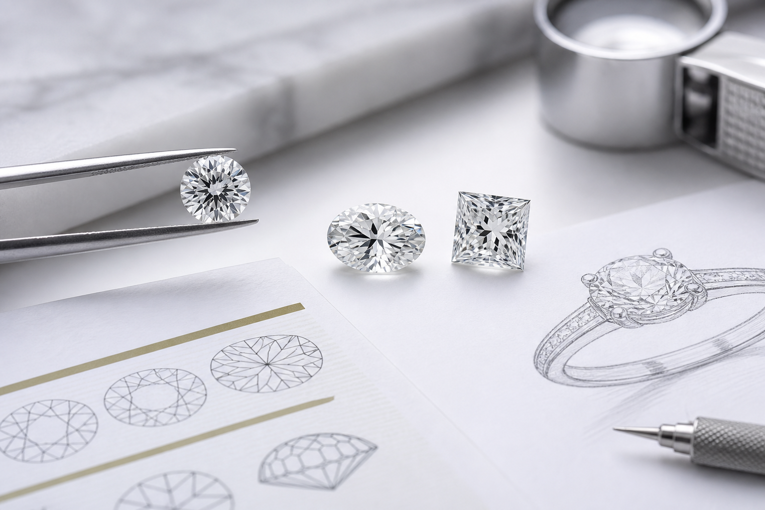 Side-by-side diamond video stills showing different face-up appearance, light return, and shape performance