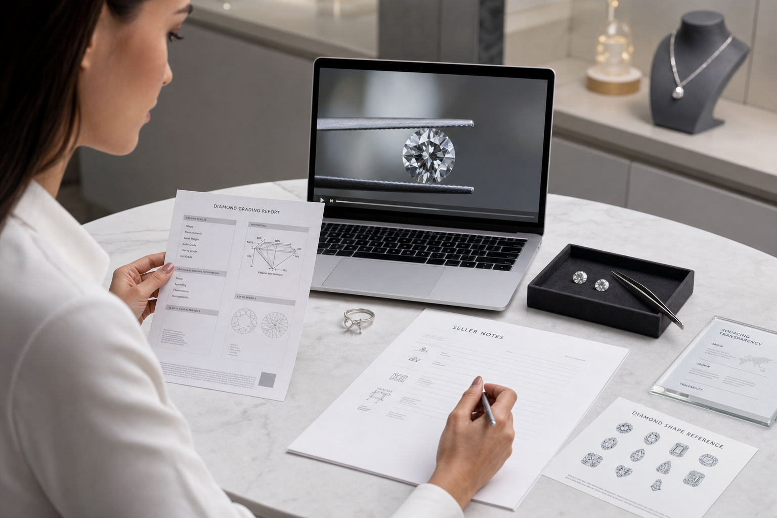 Shopper comparing a grading report, diamond video, and seller notes on a laptop and printed page