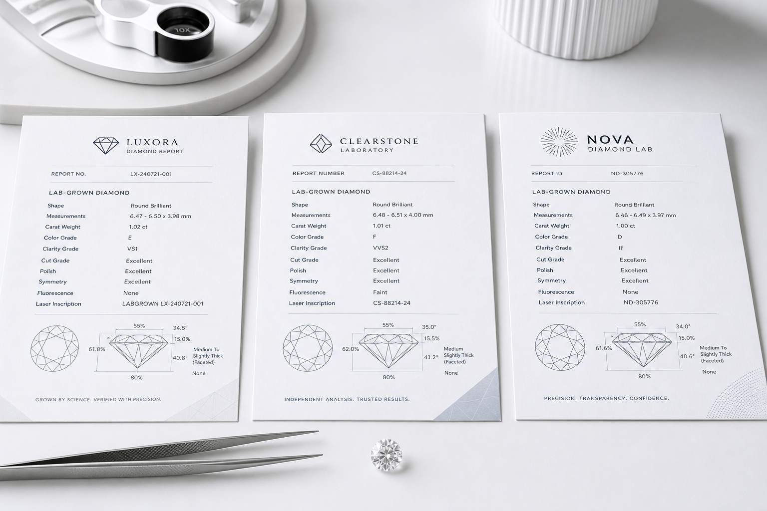 Side-by-side visual of three lab-grown diamond report examples showing report number, grading lab name, diamond measurements, and laser inscription fields