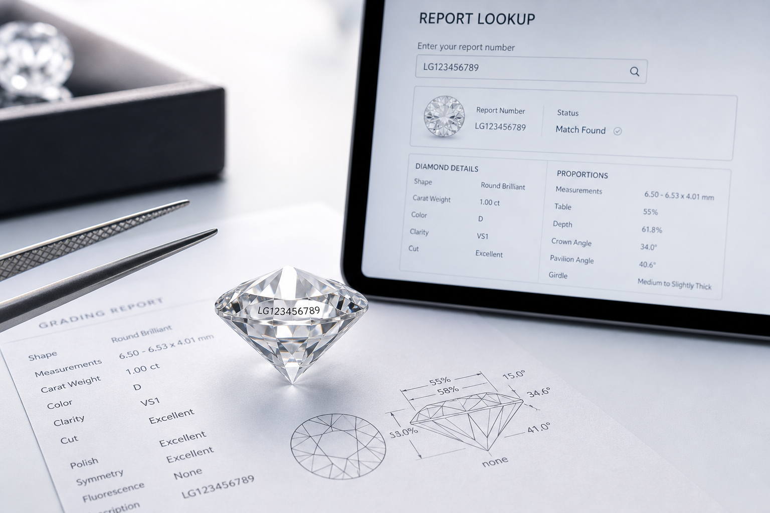 Close-up concept image of a lab-grown diamond girdle with a laser inscription number matched to an online grading report lookup screen
