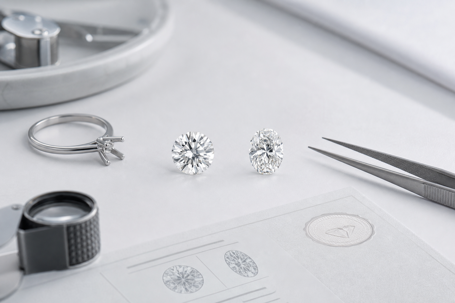 Comparison layout showing two lab-grown diamonds with the same carat weight but different measurements, table appearance, and setting fit