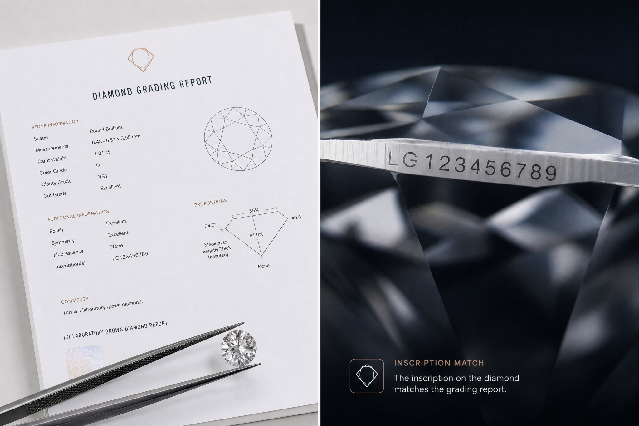 Side-by-side comparison of a lab-grown diamond grading report and a macro photo of the same diamond’s inscribed girdle, showing the number match.