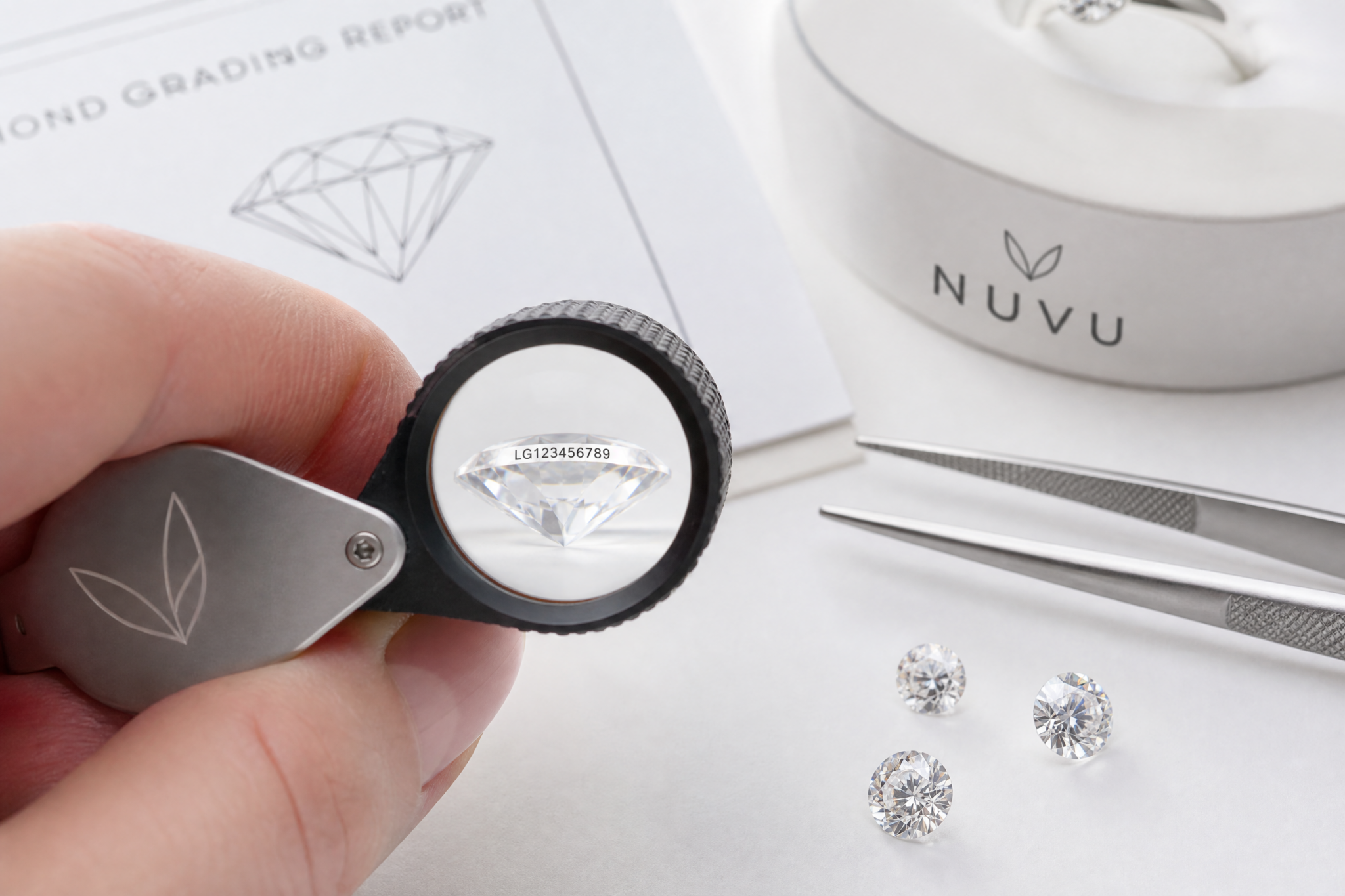 Hand holding a jeweler’s loupe up to a loose diamond on a white surface, demonstrating how to inspect the girdle for laser inscription.