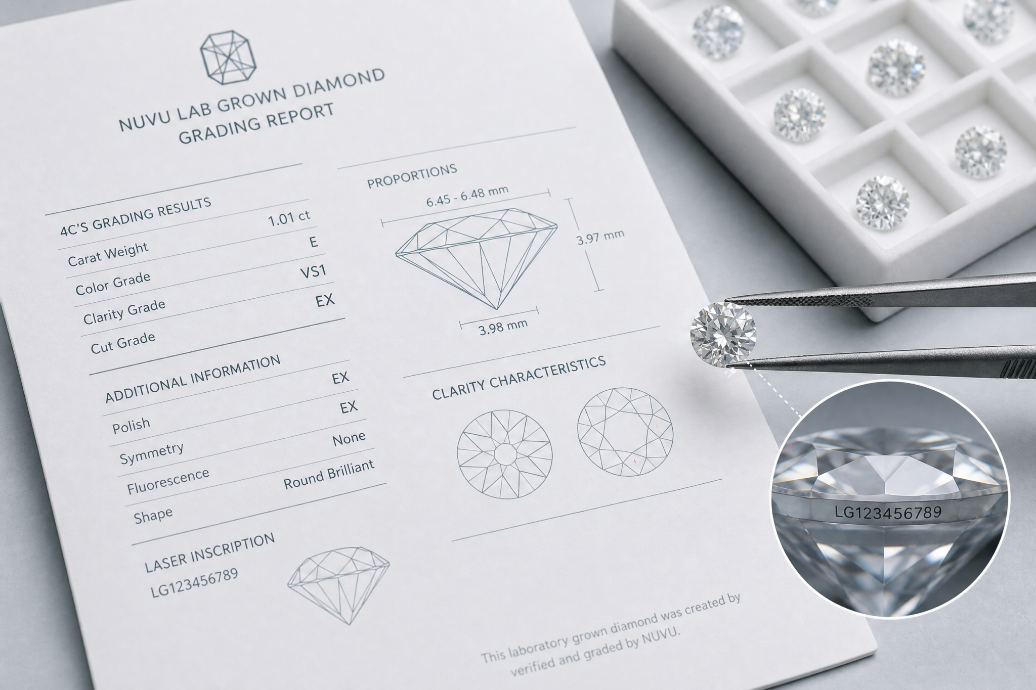 Close-up of a lab-grown diamond grading report showing 4Cs specifications and a laser-inscription code on the diamond's girdle