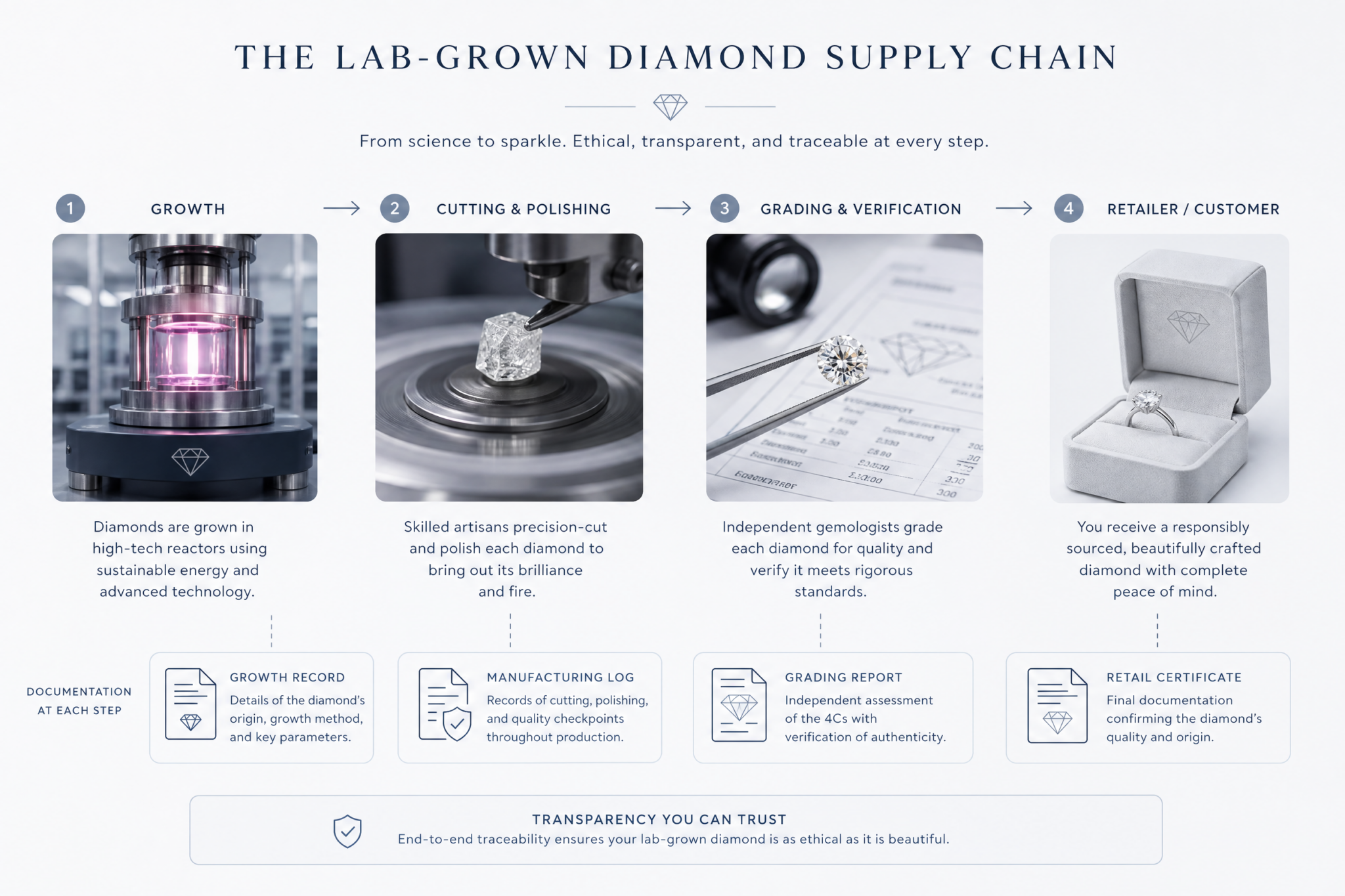 Diagram showing the lab-grown diamond supply chain from growth reactor to cutting facility to grading lab to retailer, with documentation points marked at each stage