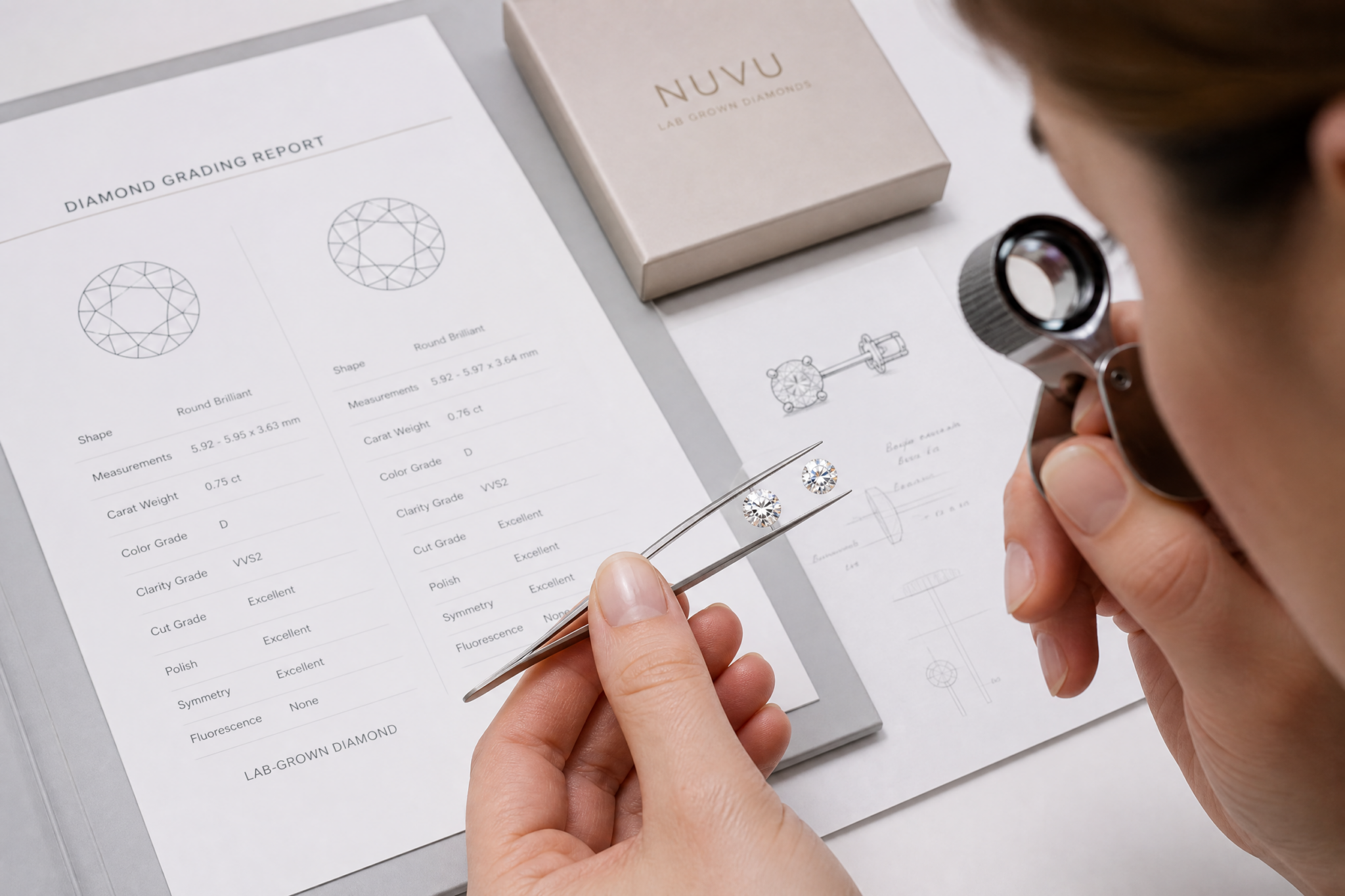 Two matching lab-grown diamond studs being inspected under a jeweler's loupe, with grading reports visible next to them