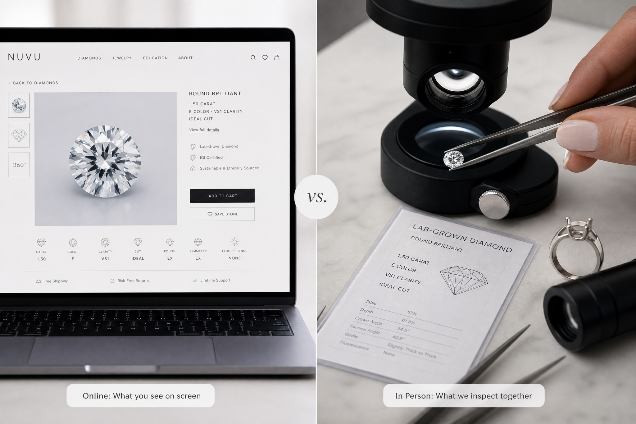 Split-screen comparison showing a lab-grown diamond viewed on a website product page versus the same stone being examined under magnification in person