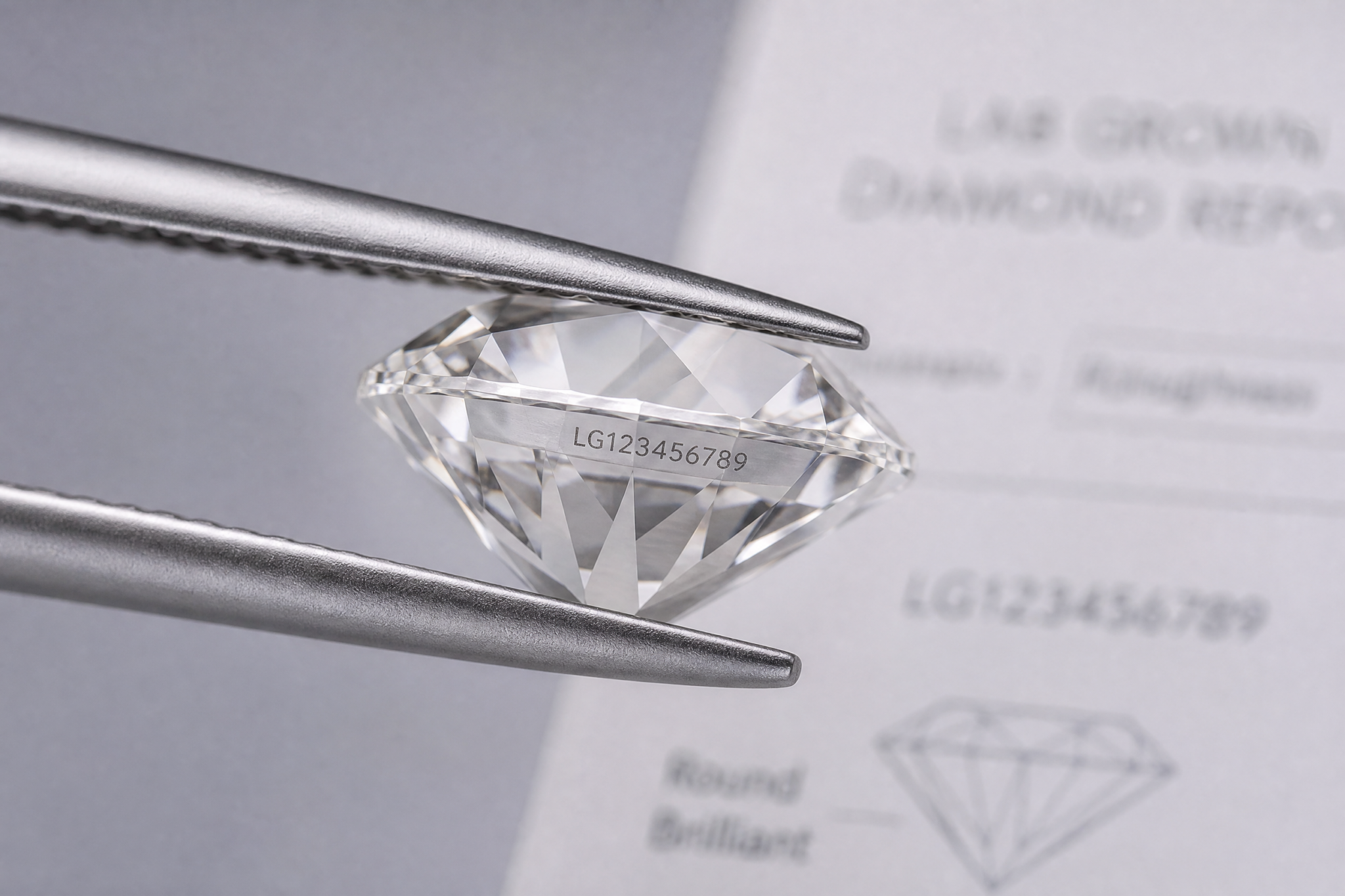 Close-up photograph of a laser-inscribed girdle on a lab-grown diamond showing the report number, used to match the stone to its grading report