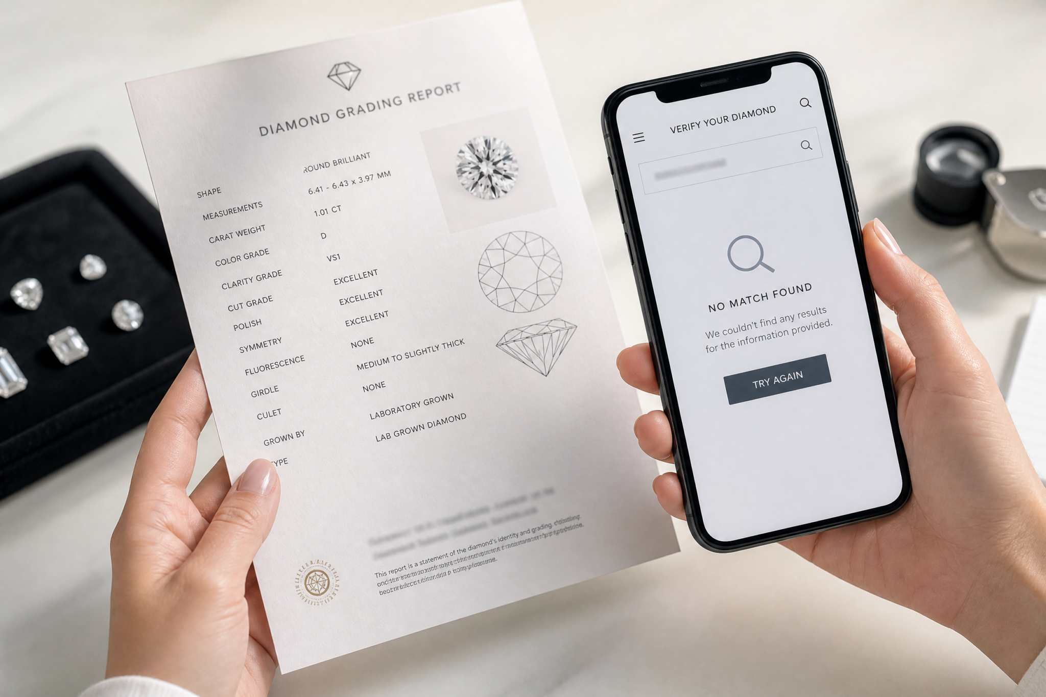 A close-up photo of a lab-grown diamond grading report with a blurred report number and an unmarked lab logo, held next to a smartphone showing a verification search that returns no results.