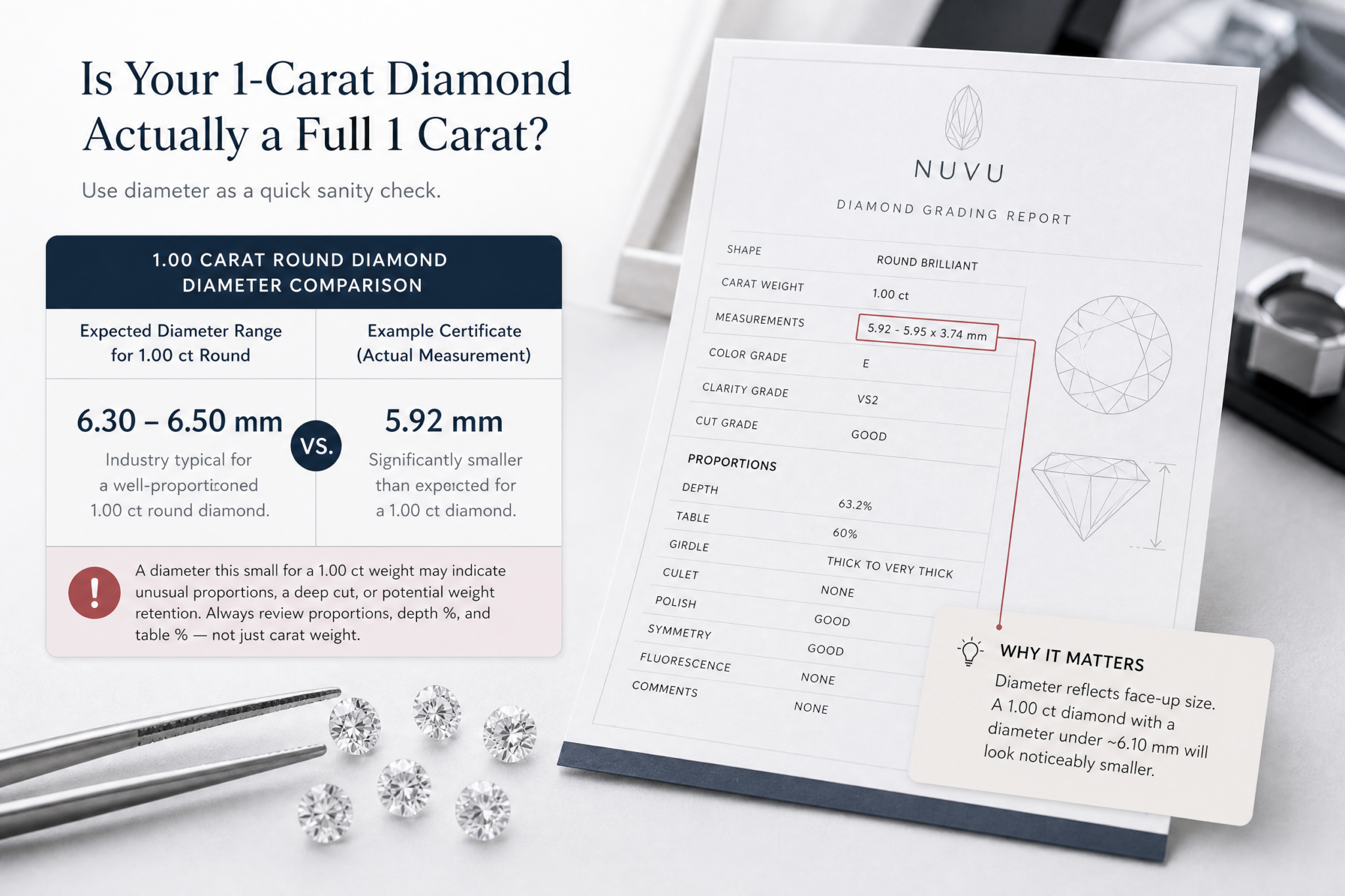 A comparison table showing a standard 1-carat round diamond’s expected diameter range alongside an actual certificate listing that records a significantly smaller diameter, with a brief annotation explaining why this signals a potential issue.