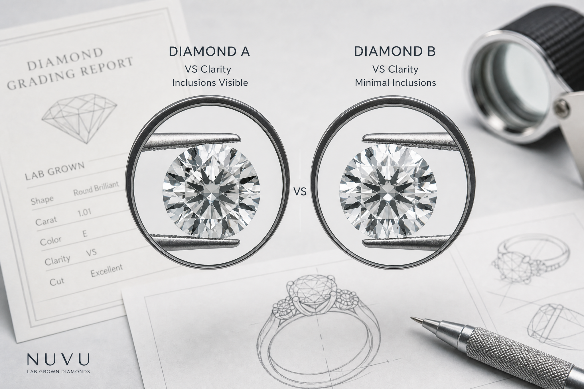 Close-up comparison of two lab-grown diamonds with the same clarity grade showing different inclusion visibility under magnification