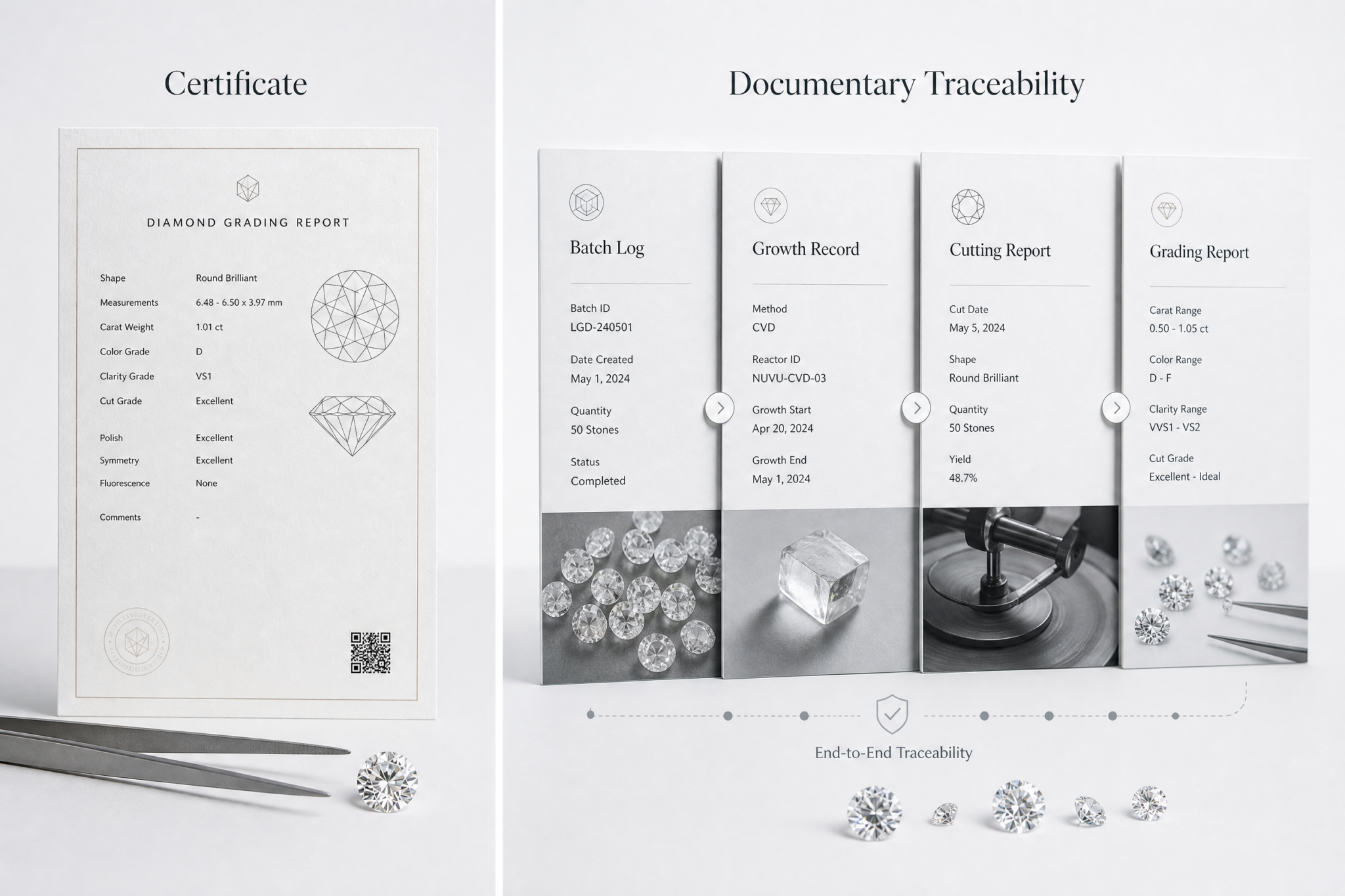 A visual comparison of a single grading report labeled "Certificate" versus a chain of documents showing batch logs, growth records, cutting reports, and grading reports labeled "Documentary Traceability"