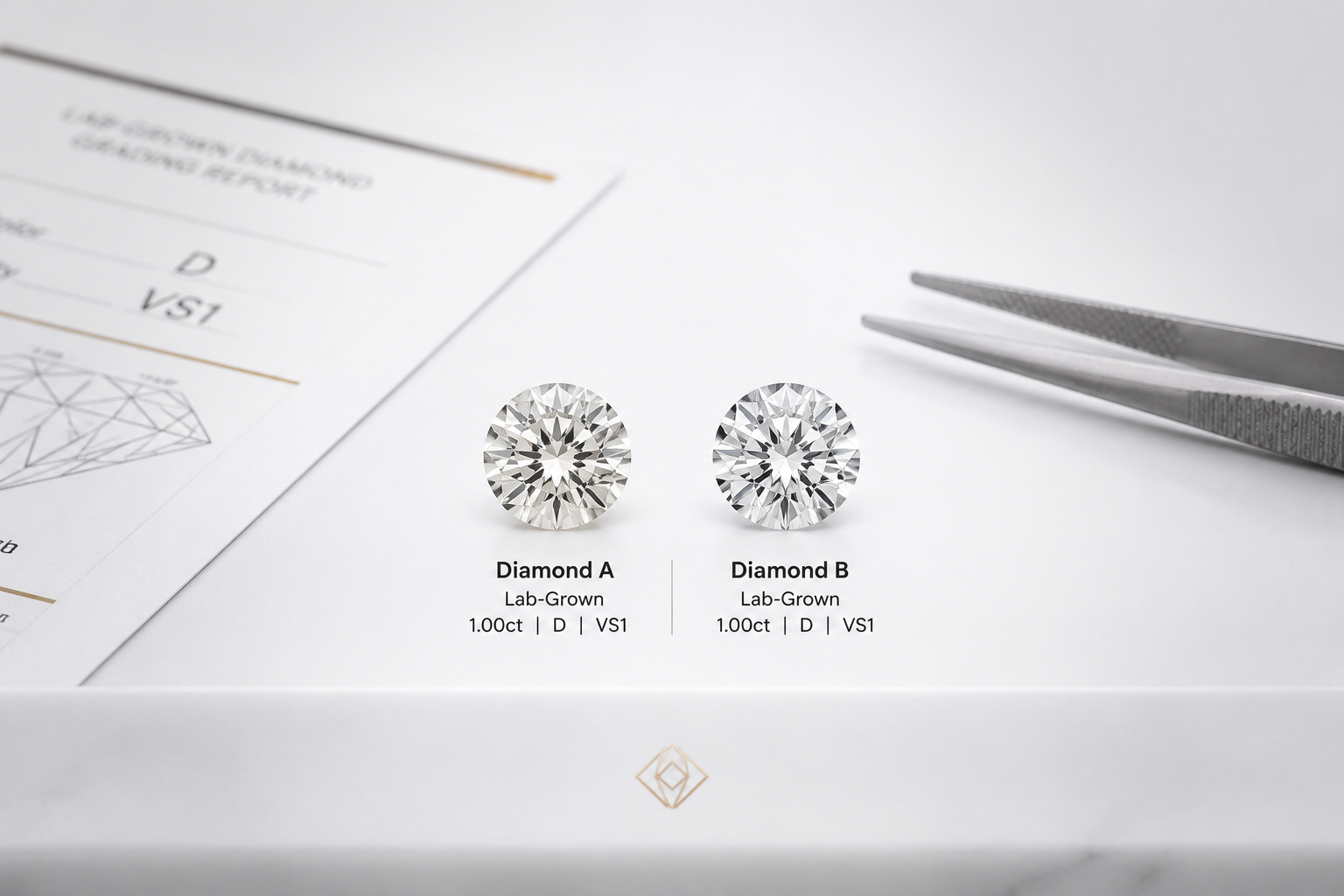 Two side-by-side loose lab-grown diamonds on a white surface, with one appearing slightly different in color or clarity despite being labeled the same grade