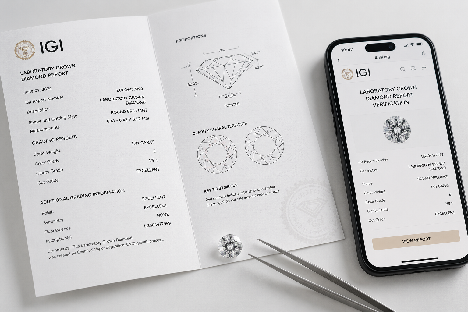 Close-up of an open IGI grading report next to a loose lab-grown diamond on a white surface, with a smartphone showing the laboratory verification page