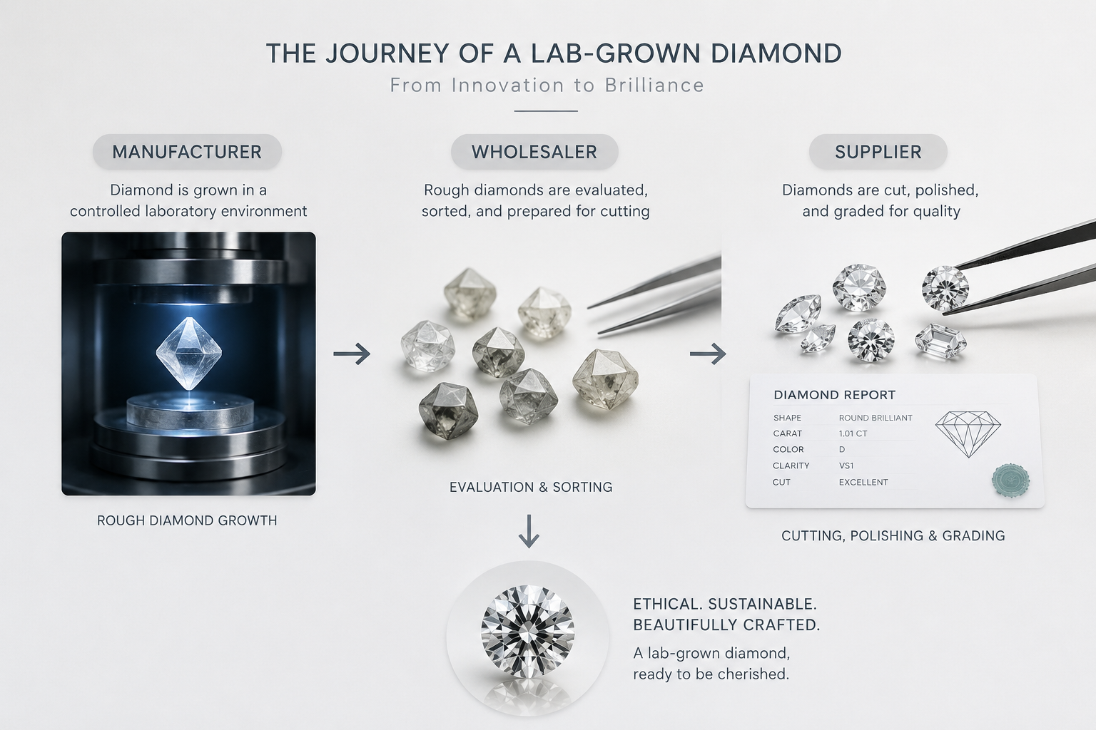 Diagram showing the flow from rough diamond growth to finished polished stone, with labels for manufacturer, wholesaler, and supplier stages