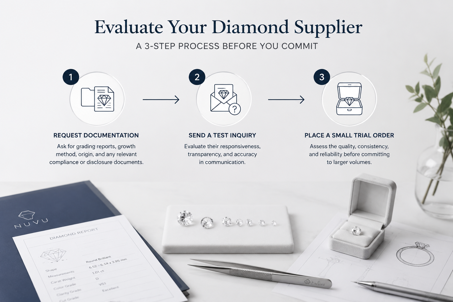 Flowchart showing the three-step evaluation process: request documentation, send a test inquiry, and place a small trial order before committing to larger volumes