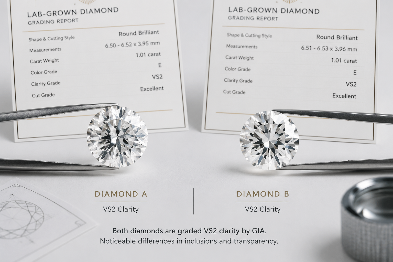 Close-up comparison of two lab-grown diamonds with identical GIA grading reports but visibly different clarity characteristics and transparency