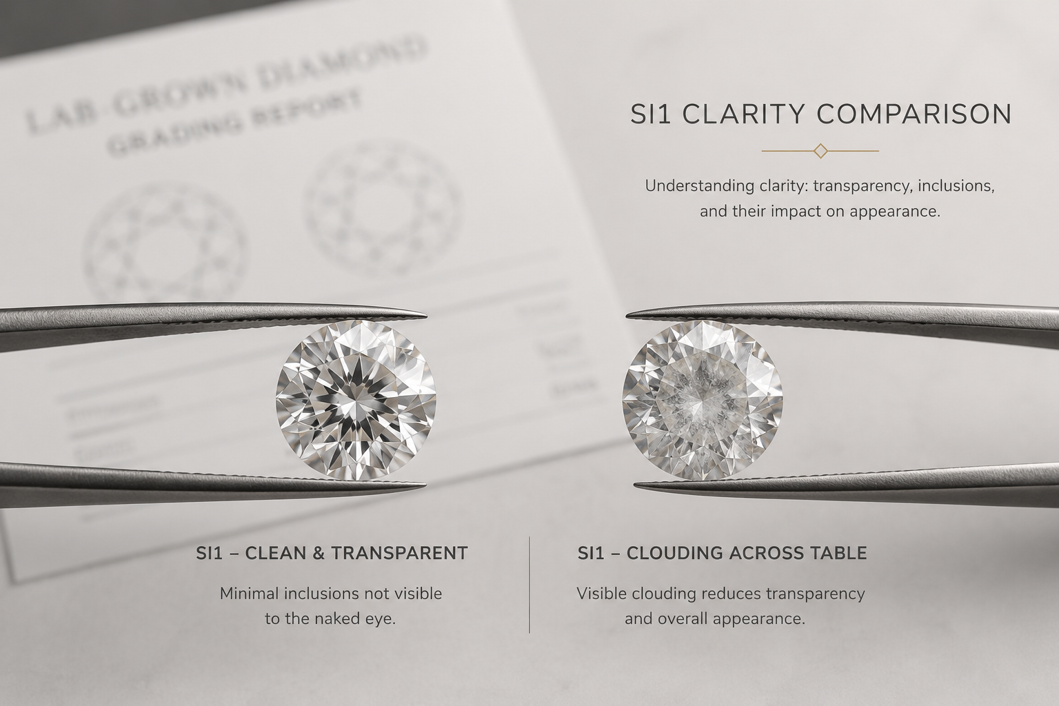 Side-by-side macro comparison of two SI1 lab-grown diamonds showing one with a clean, transparent appearance and another with visible clouding across the table