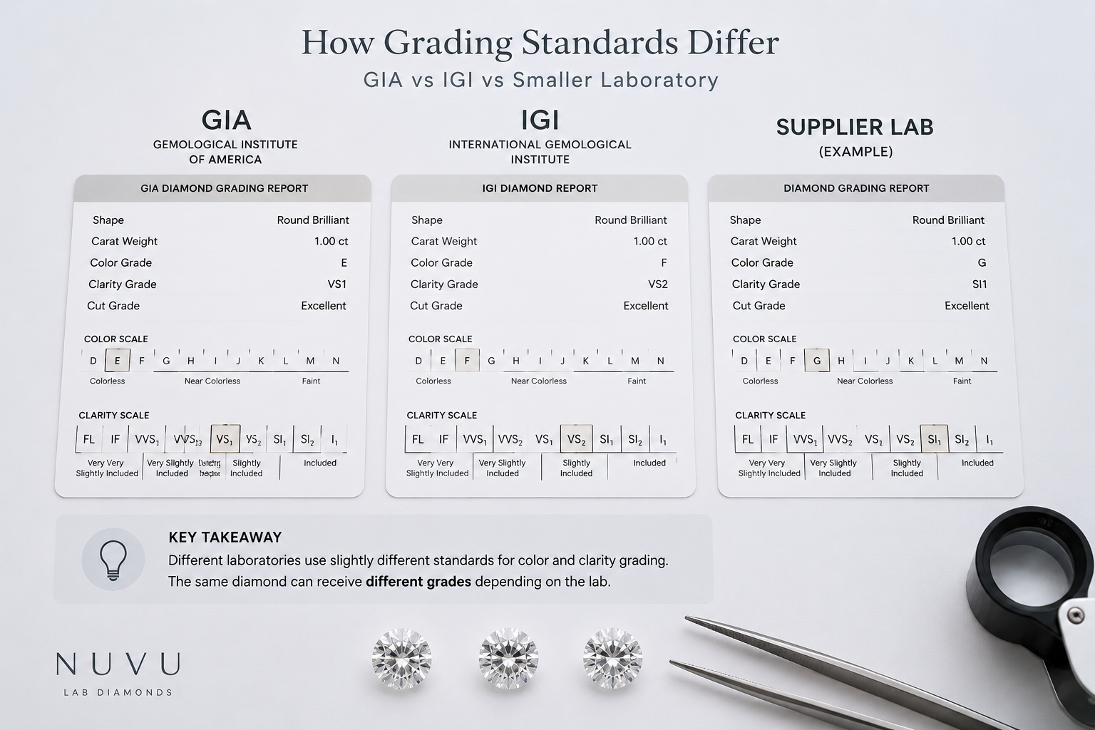 Comparison of lab-grown diamond grading reports from GIA, IGI, and a smaller laboratory showing differences in color and clarity grade standards