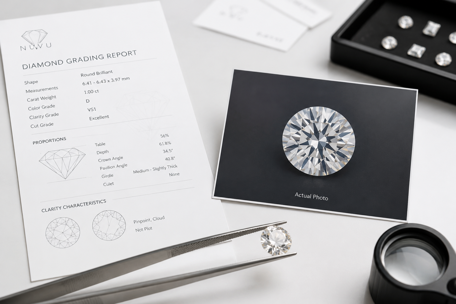 A diamond grading report side by side with a photo of the stone to illustrate the visual verification step before MOQ commitment