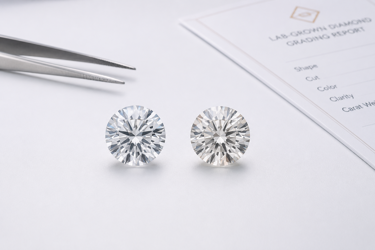 Two lab-grown round diamonds placed side by side on a white surface under diffused lighting, showing subtle brightness and tone comparison