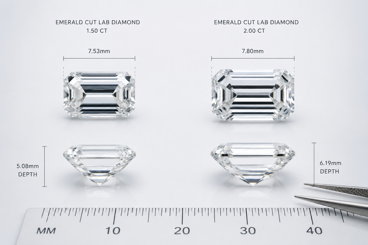 Side-by-side comparison of two emerald-cut lab-grown diamonds showing face-up width measurement and depth profile against a millimeter ruler