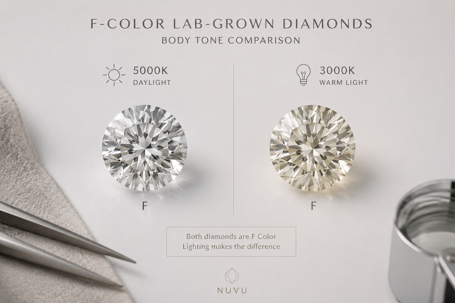 Two F-color lab-grown diamonds photographed side-by-side under 5000K daylight and 3000K warm light showing body tone comparison