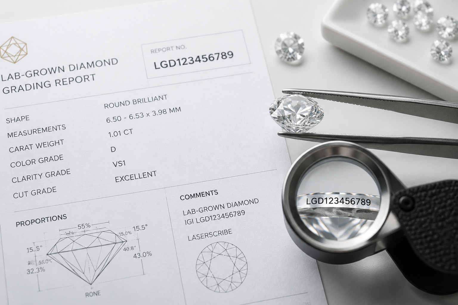 A lab-grown diamond grading report lying next to a loose diamond on a white surface, with the report number prominently visible on both the paper and the stone’s girdle under magnification