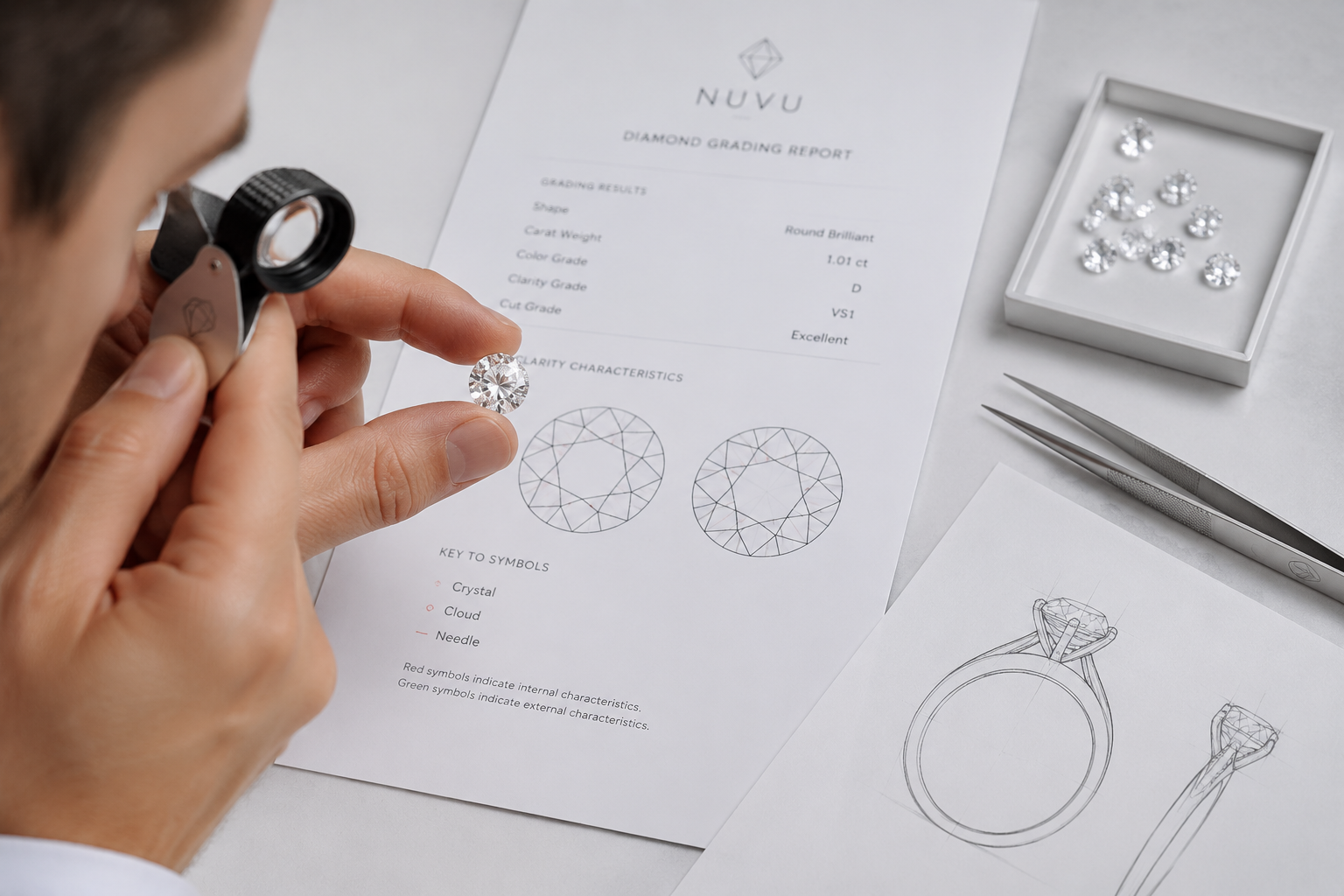 A jeweler using a 10x loupe to inspect a loose diamond’s clarity characteristics while comparing them to the plotted inclusions on a grading report