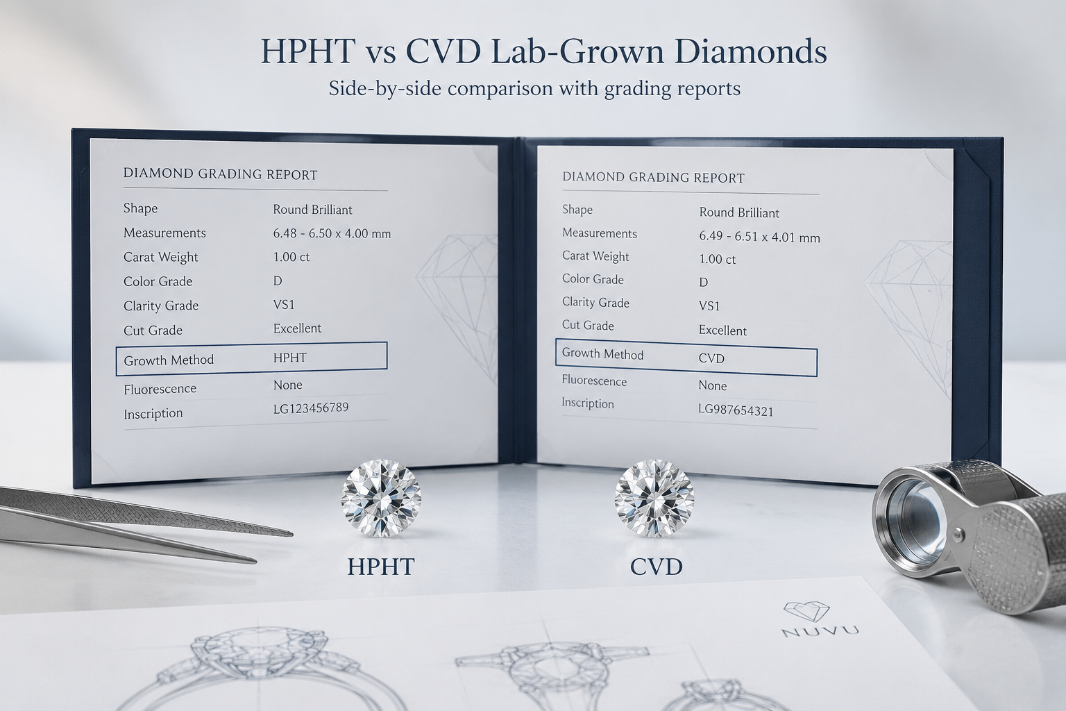 Side-by-side comparison of two lab-grown diamonds labeled HPHT and CVD, with a grading report showing the growth method designation for each stone
