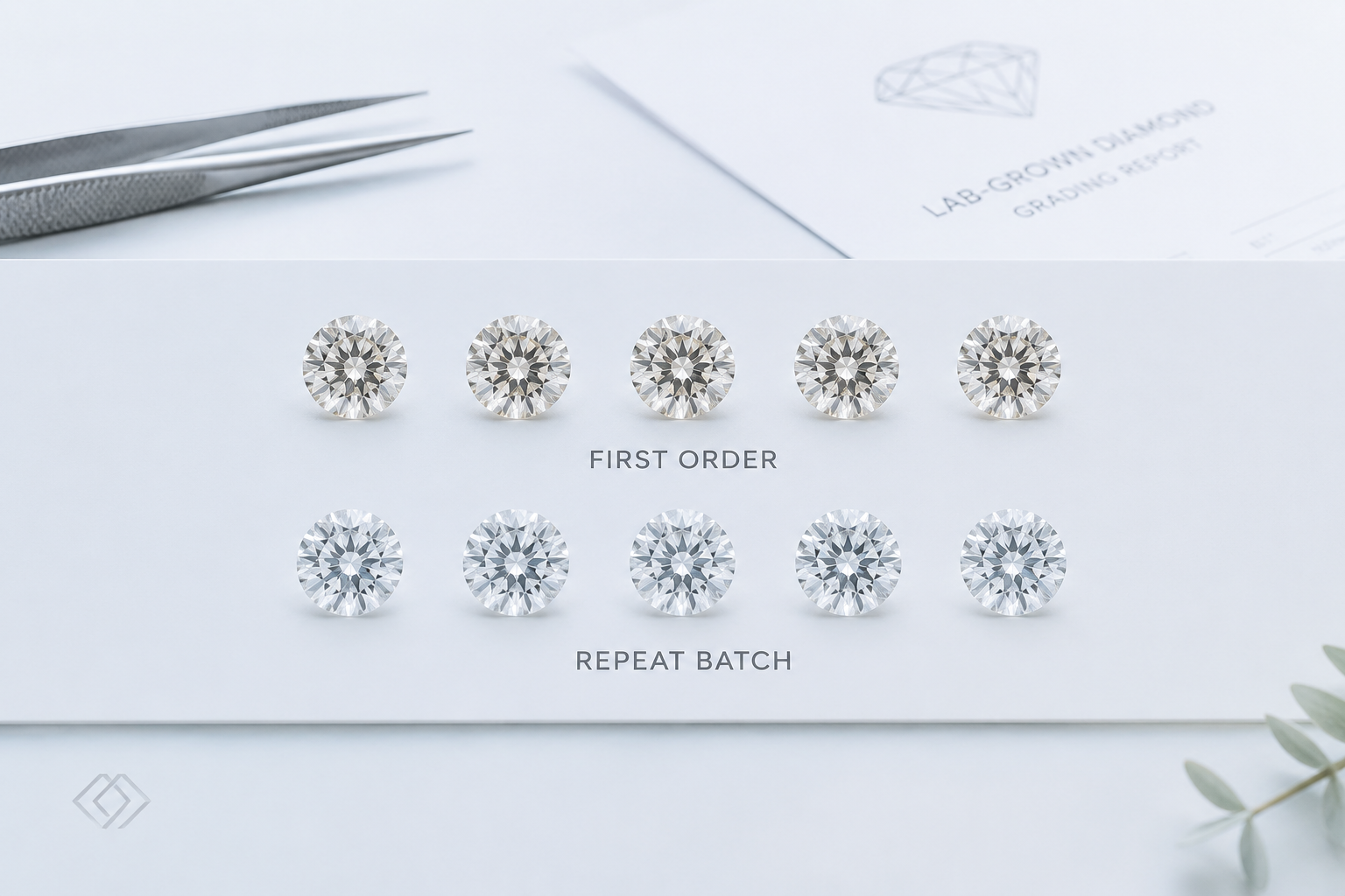 Two rows of lab-grown diamonds side by side for comparison, with subtle differences in color tone and brightness visible between the first order and the repeat batch