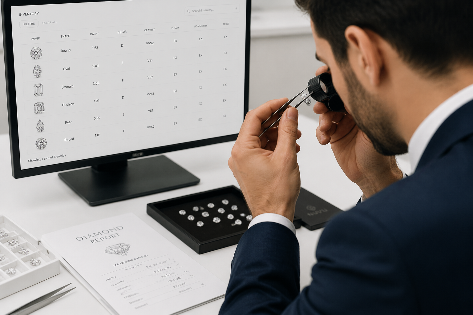 A wholesale diamond supplier reviewing a loose stone under a loupe, with a computer screen showing inventory management software in the background.