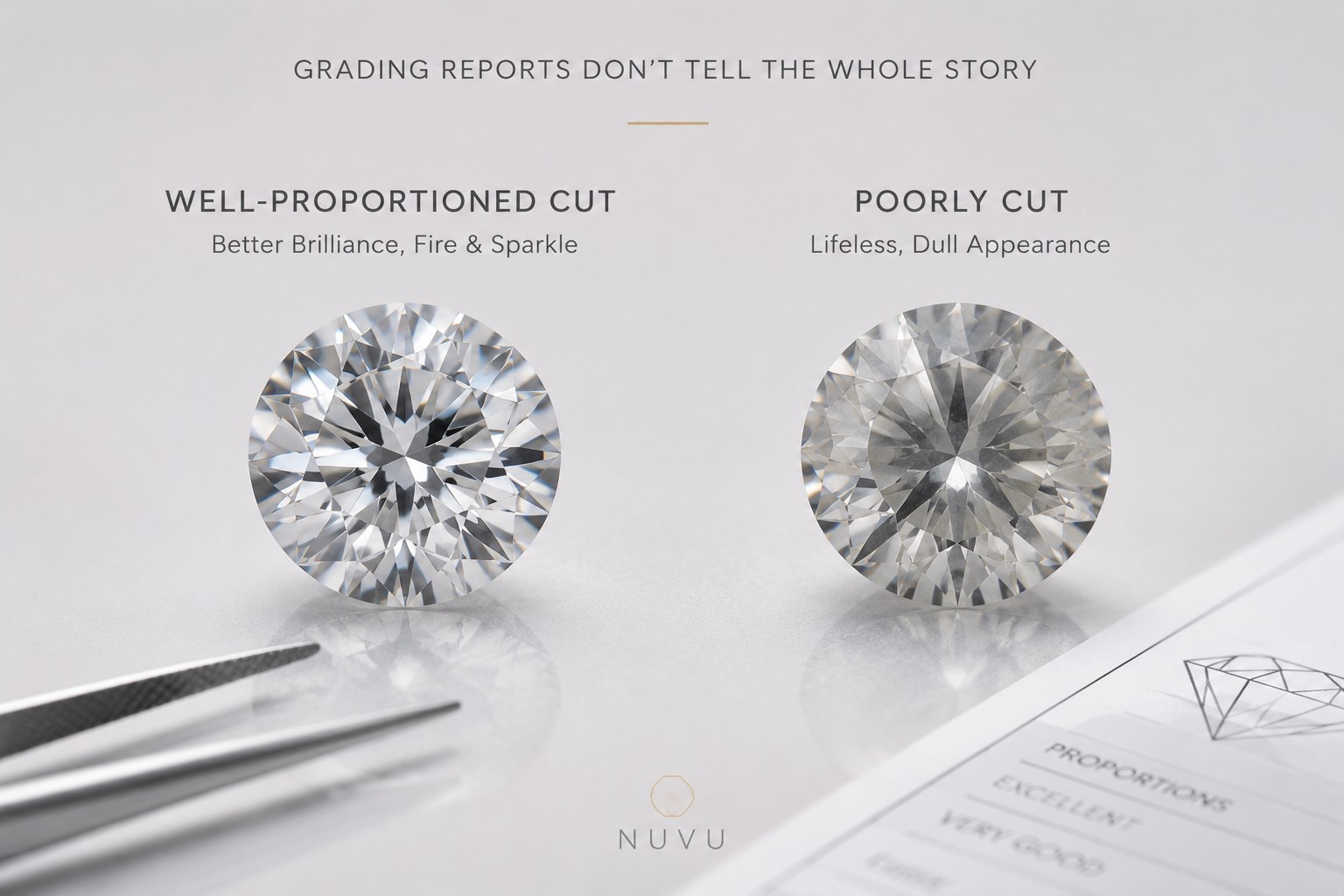 A close-up comparison of two lab-grown diamonds, one with a well-proportioned cut and bright sparkle, the other with a dull, poorly cut appearance, illustrating the visual difference that grading reports alone may not fully capture.